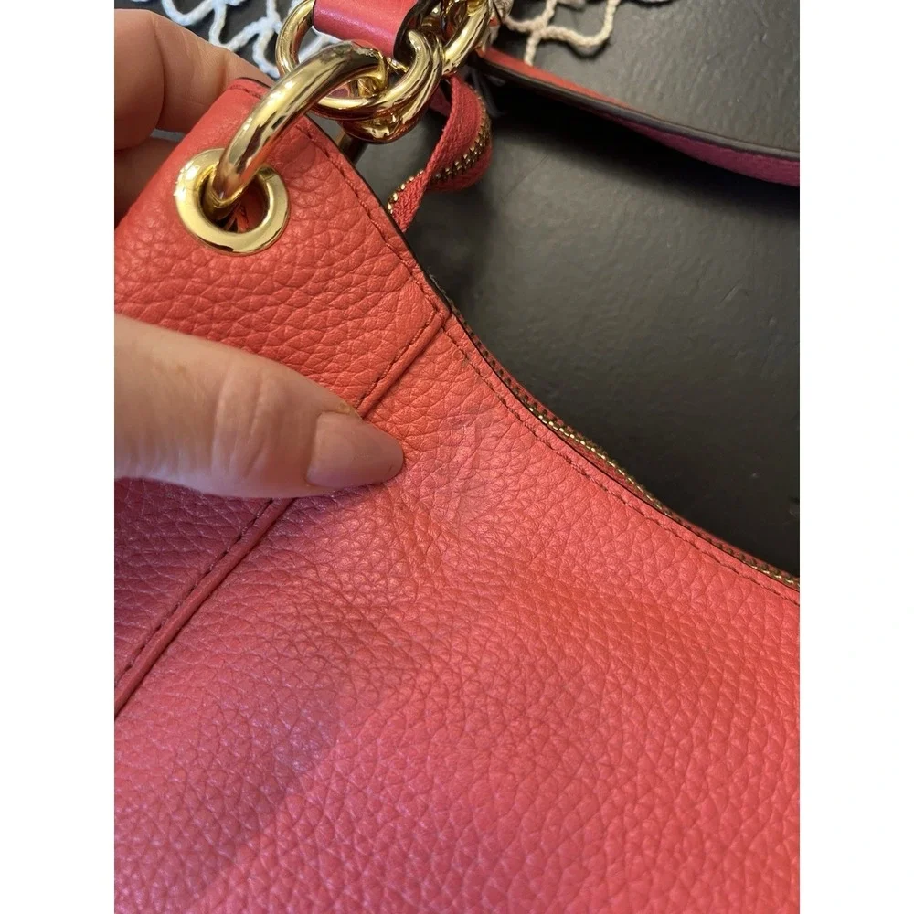 Michael Kors NWT Watermelon Coral Leather Tassle Charm Shoulder Handbag As‎ Is